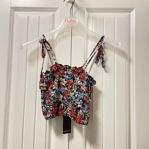 NWT Forever 21 Smocked Self-Tie Crop Top Black Floral - XS - Picture 5 of 10